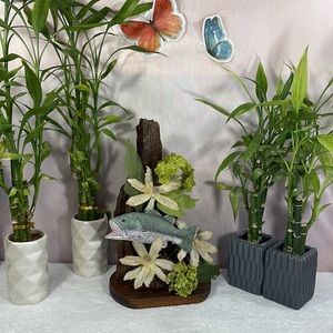 🐟🌿 Vintage Handcrafted Cypress w/Porcelain Fish🌿🐟